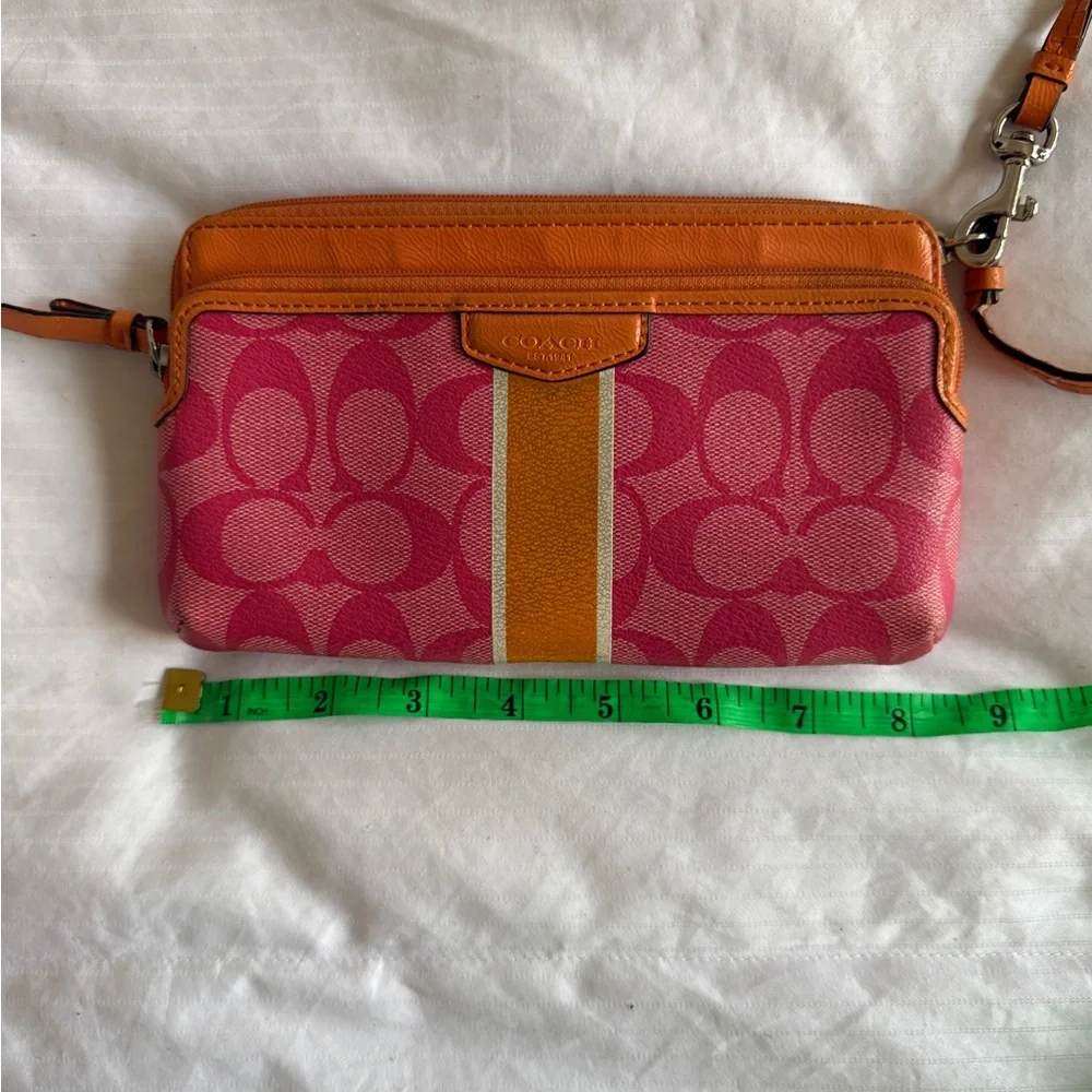 Coach Signature Stripe Double Zip Wristlet | Orange and Pink - Picture 14 of 15